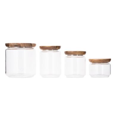 ↷ Pebbly Set 2 tarros de vidrio con tapa de madera de bambú 320 ml