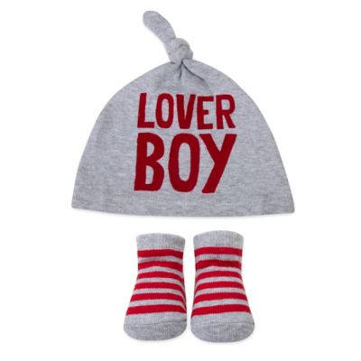 Baby Essentials&reg; Size 0-6M 2-Piece Lover Boy Hat and Bootie Set in Grey/Red