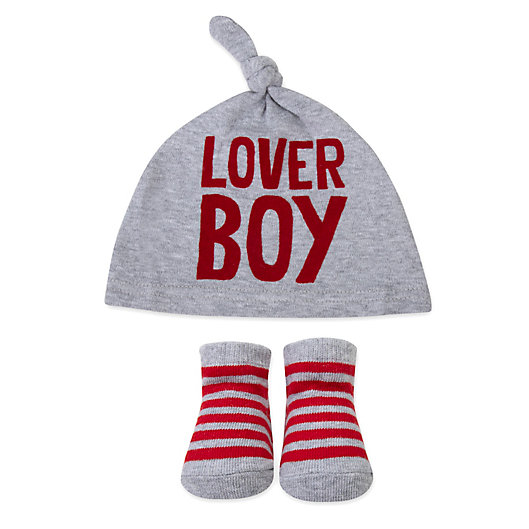 Alternate image 1 for Baby Essentials® Size 0-6M 2-Piece Lover Boy Hat and Bootie Set in Grey/Red