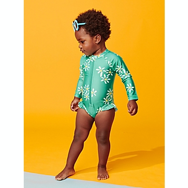 Tea Collection Size 2T Ruffle Rashguard Swimsuit in Aqua. View a larger version of this product image.
