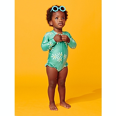 Tea Collection Size 2T Ruffle Rashguard Swimsuit in Aqua. View a larger version of this product image.