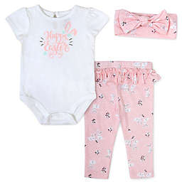 Willow & Wyatt Easter Bunny Pant, Bodysuit, and Headband Set in White/Pink