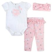 Willow &amp; Wyatt Easter Bunny Pant, Bodysuit, and Headband Set in White/Pink