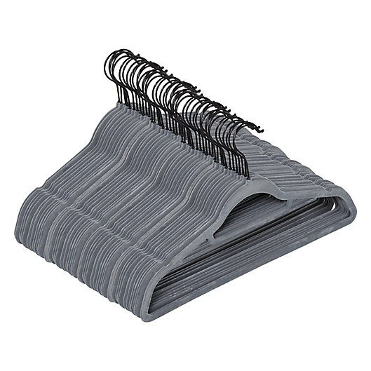 Alternate image 1 for Squared Away™ Velvet Slim Suit Hangers in Grey with Matte Black Hook (Set of 50)