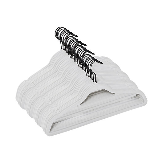 Alternate image 1 for Squared Away™ Velvet Slim Suit Hangers in White with Matte Black Hook (Set of 50)