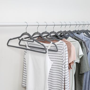 Squared Away&trade; Velvet Slim Suit Hangers with Chrome Hook in Grey (Set of 50). View a larger version of this product image.