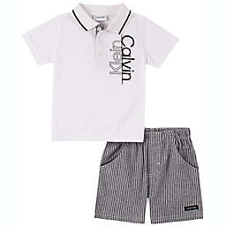 Calvin Klein® 2-Piece Size 12M Button Polo Shirt and Short Set in White/Blue