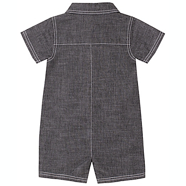 Calvin Klein&reg; Size 3-6M CK Logo Washed Chambray Romper in Blue. View a larger version of this product image.