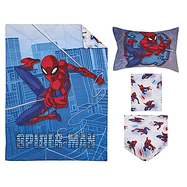 Marvel&reg; Spider-Man Wall Crawler 4-Piece Reversible Toddler Bedding Set in Blue. View a larger version of this product image.