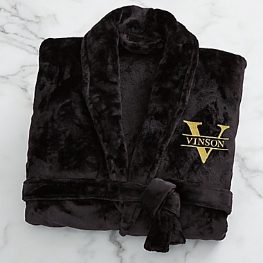 Lavish Last Name Embroidered Fleece Robe in Black. View a larger version of this product image.