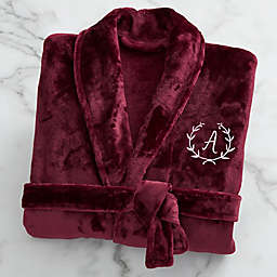 Floral Wreath Embroidered Luxury Fleece Robe in Maroon