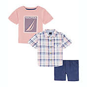 Nautica&reg; 3-Piece Button Up Shirt, T-Shirt, and Short Set in Pink