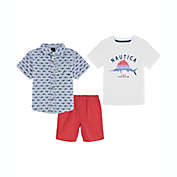 Nautica&reg; 3-Piece Buttown Down Shirt, T-shirt, and Short Set in Blue/Red