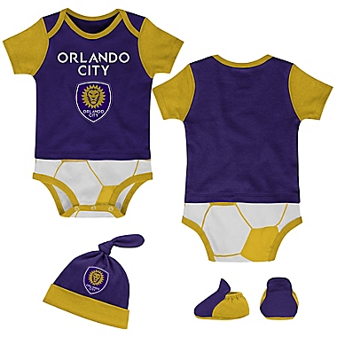 MLS Newborn Orlando City 3-Piece Lil&#39; Kicker Short Sleeve Bodysuit, Hat, and Sock Set. View a larger version of this product image.