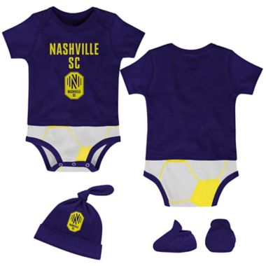 MLS Newborn 3-Piece Nashville SC Lil Kicker Bodysuit, Hat, and Booties Set in Navy. View a larger version of this product image.