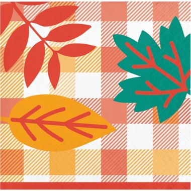 H for Happy&trade; 36-Count Fall Leaves and Gingham Beverage Napkins. View a larger version of this product image.