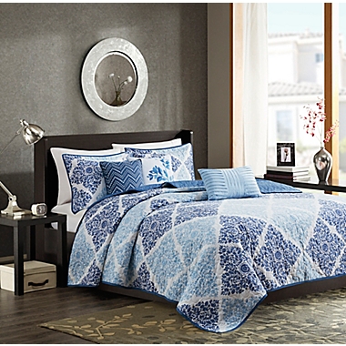 Madison Park&reg; Claire 6-Piece Reversible Full/Queen Coverlet Set in Blue. View a larger version of this product image.