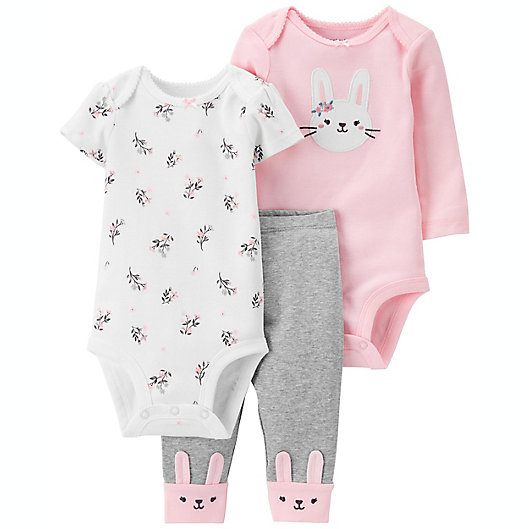 Alternate image 1 for carter's® Newborn 3-Piece Bunny Bodysuits and Pant Outfit Set in Pink/Grey
