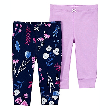 carter&#39;s&reg; Size 9M 2-Pack Floral Pull-On Cotton Pants in Purple. View a larger version of this product image.