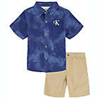 Alternate image 0 for Calvin Klein&reg; 2-Piece Size 18M CK Logo Button Front Shirt and Short Set in Navy/Khaki