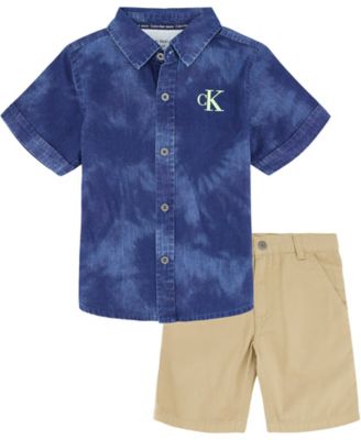 Calvin Klein&reg; 2-Piece CK Logo Button Front Shirt and Short Set in Navy/Khaki