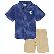 Calvin Klein&reg; 2-Piece CK Logo Button Front Shirt and Short Set in Navy/Khaki