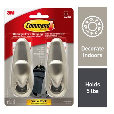 3M Command&trade; Large Metal Hooks in Brushed Nickel (Set of 2). View a larger version of this product image.