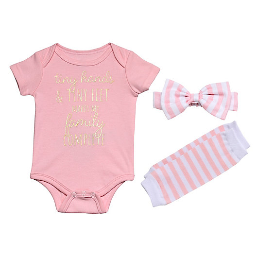 Alternate image 1 for Baby Starters® Newborn 3-Piece Tiny Bodysuit, Leg Warmer, and Headband Set in Rose Gold