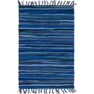 Blue Red and Bone Newport Reversible Rag Rug with Fringe 20 inch by 32 inch 