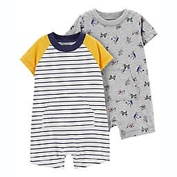 carter's® 2-Pack Bugs/Stripes Cotton Rompers in Yellow/Navy