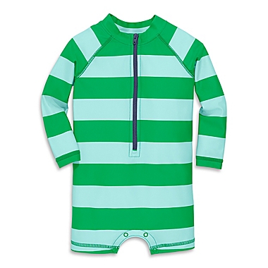 Primary&reg; Unisex  Size 18-24M Stripes 1-Piece Baby Rash Guard in Green Apple/Mist. View a larger version of this product image.