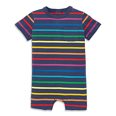 Primary&reg; Unisex  Size 6-12M Stripe Pocket Shortie Romper in Navy/Rainbow. View a larger version of this product image.