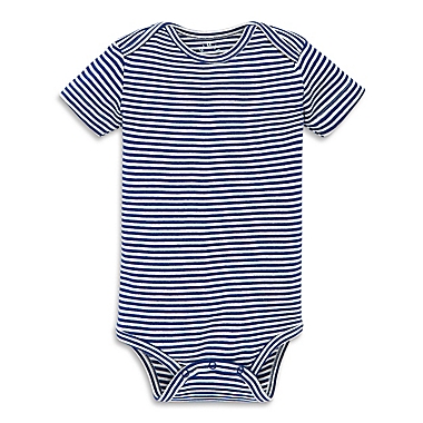 Primary&reg; Unisex Size 6-9M Mini Stripe Organic Cotton Bodysuit in Cobalt/Ivory. View a larger version of this product image.