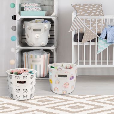 Closet Complete 9.5-Inch Canvas Cylinder Basket with Pom Poms in Rainbow. View a larger version of this product image.