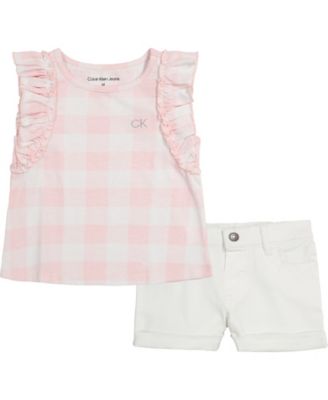 Calvin Klein&reg; 2-Piece CK Logo Ruffle Top and Shorts Set in Pink/White