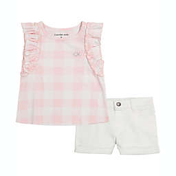 Calvin Klein® Size 12M 2-Piece CK Logo Ruffle Top and Shorts Set in Pink/White