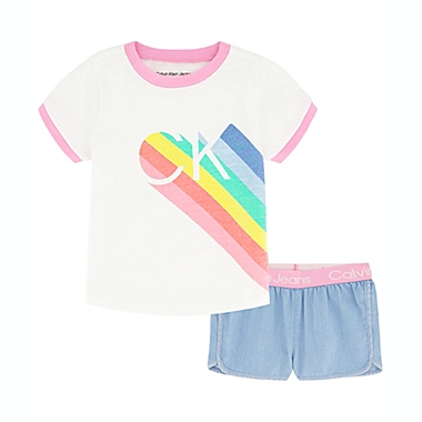 Calvin Klein&reg; Size 3T 2-Piece CK Logo T-Shirt and Shorts Set in Rainbow. View a larger version of this product image.