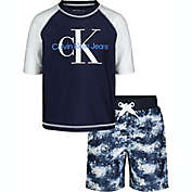 Calvin Klein&reg; 2-Piece CK Logo Rashguard T-Shirt and Short Set in Navy Blue