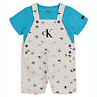 Alternate image 1 for Calvin Klein&reg; 2-Piece Size 12M CK Logo Shortall and T-Shirt Set in White/Turquoise