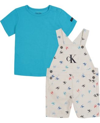 Calvin Klein&reg; 2-Piece CK Logo Shortall and T-Shirt Set in White/Turquoise