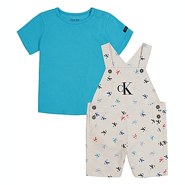 Calvin Klein&reg; 2-Piece CK Logo Shortall and T-Shirt Set in White/Turquoise. View a larger version of this product image.