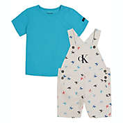 Calvin Klein&reg; 2-Piece Size 12M CK Logo Shortall and T-Shirt Set in White/Turquoise