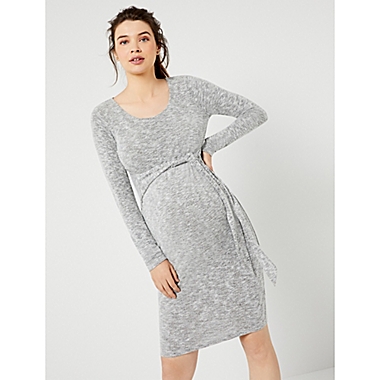 A Pea in the Pod&reg; Large Sash Front Brushed Hacci Maternity Dress in White/Grey. View a larger version of this product image.