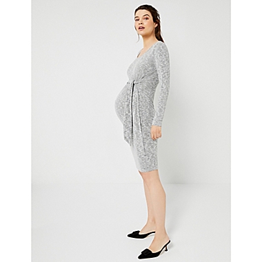A Pea in the Pod&reg; Large Sash Front Brushed Hacci Maternity Dress in White/Grey. View a larger version of this product image.