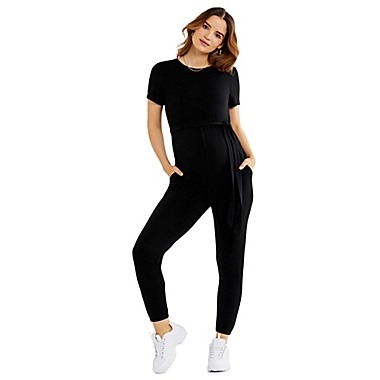A Pea in the Pod&reg; Essentials Large Luxe Short Sleeve Maternity Jumpsuit in Black. View a larger version of this product image.