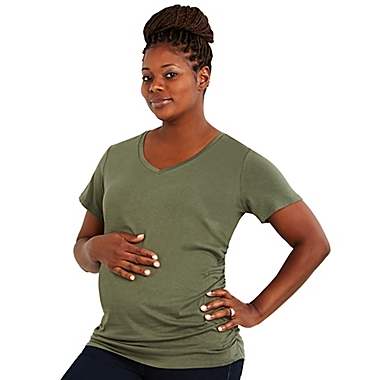 Motherhood Maternity&reg; 2X V-Neck Side Ruched Maternity T-Shirt in Olive. View a larger version of this product image.
