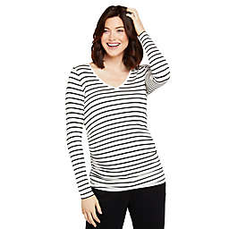 Motherhood Maternity® Long Sleeve Side Ruched Maternity Top in White Stripe