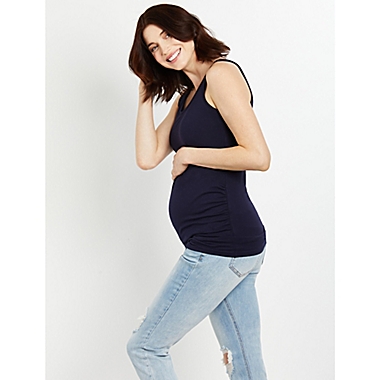Motherhood Maternity&reg; Small Side Ruched Scoop Neck Maternity Tank Top in Navy. View a larger version of this product image.