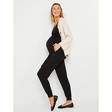 Motherhood Maternity&reg; Medium French Terry Jogger Maternity Jumpsuit in Black. View a larger version of this product image.