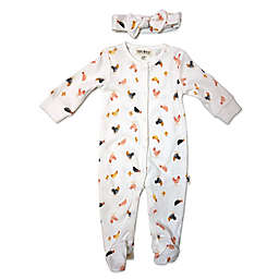 Rabbit+Bear Size 0-3M 2-Piece Hen Organic Cotton Coverall and Headband Set in White